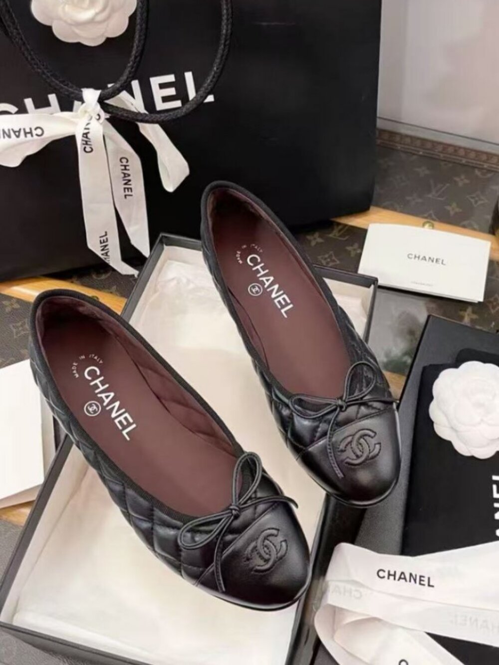 CHANEL Black Quilted CC Bow Ballet Flats With Original Box